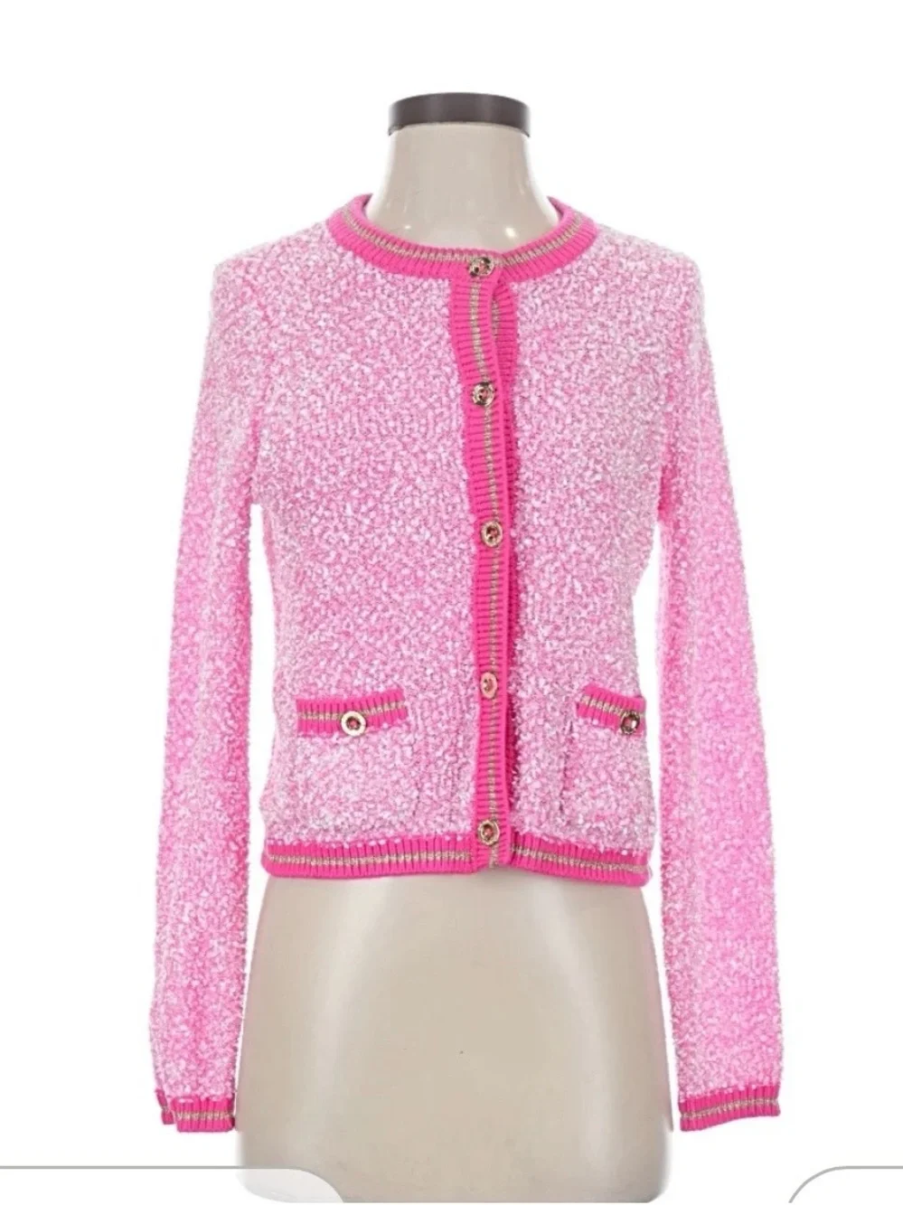 Lilly Pulitzer Pink Bouclé Cardigan with Hot Pink Trim